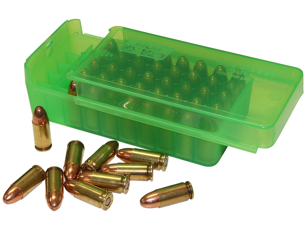 MTM P50SS-9M Side-Slide Ammo Box CLEAR GREEN content 50